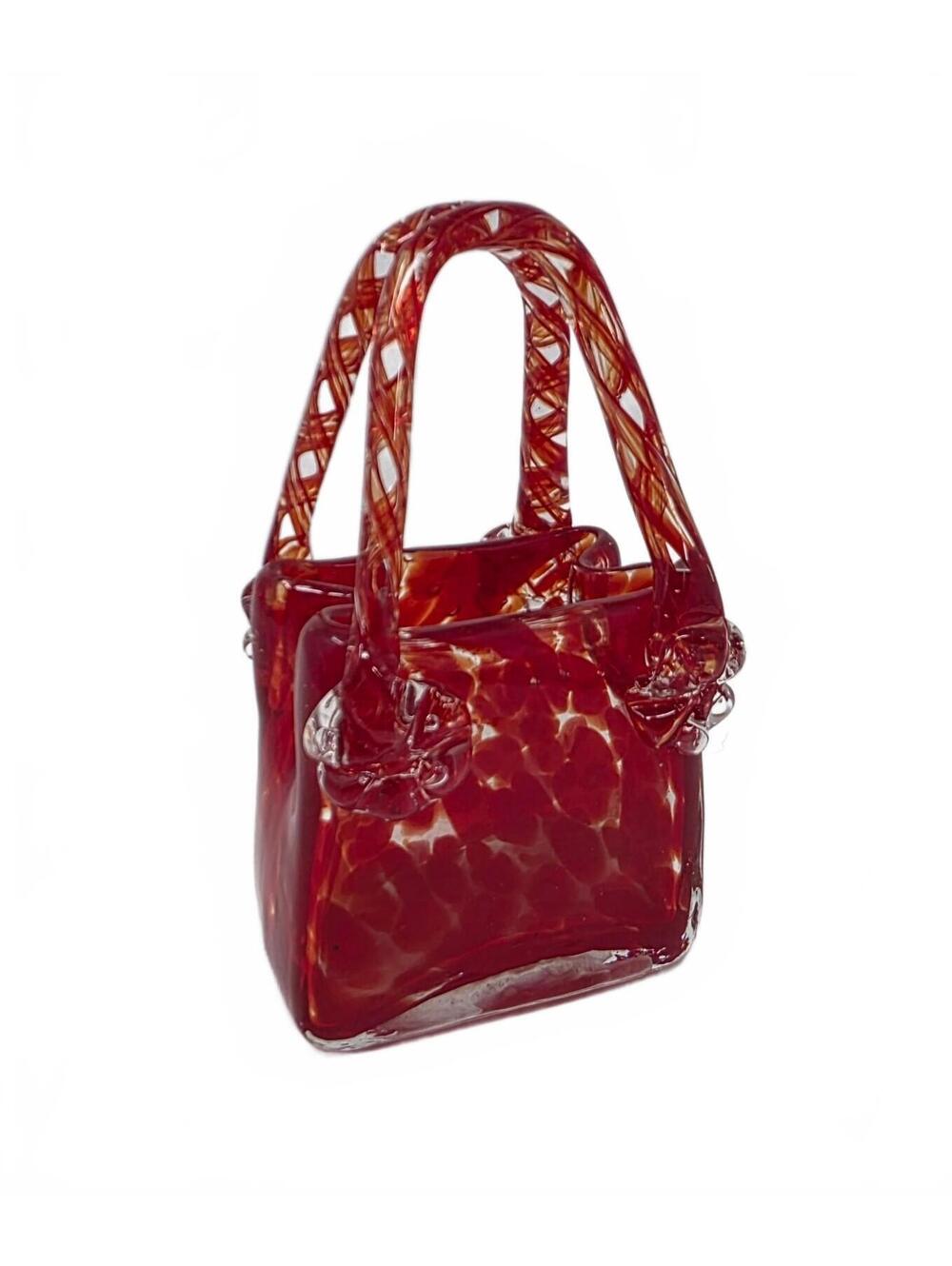 Handblown Red Art Glass Purse Vase Murano Style Confetti Handbag 6.5"